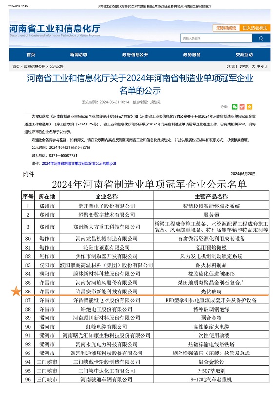 许昌云顶国际荣获“2024年河南省制造业单项冠军企业”称号